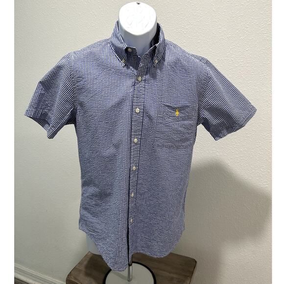Polo Ralph Lauren Blue & White Check Print Short Sleeve Button-Up Shirt Mens S - Picture 1 of 7